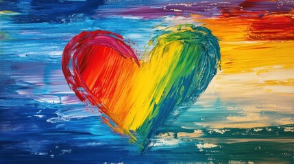 Rainbow heart painted on canvas.