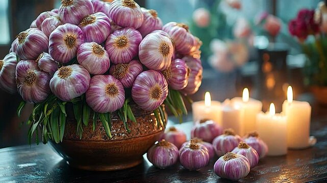 Beautiful arrangement of purple garlic bulbs with candles in a cozy setting