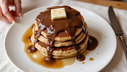 A delicious pancake stack topped with rich chocolate syrup and a sweet honey drizzle, creating a mouthwatering combination of flavors that will satisfy your sweet tooth cravings.