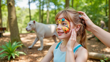Girl with colorful face paint smiling in a green park setting
