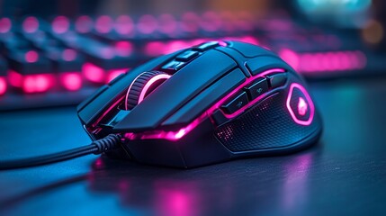 Close-up of a gaming mouse with vibrant pink lighting on a desk with a blurred keyboard background