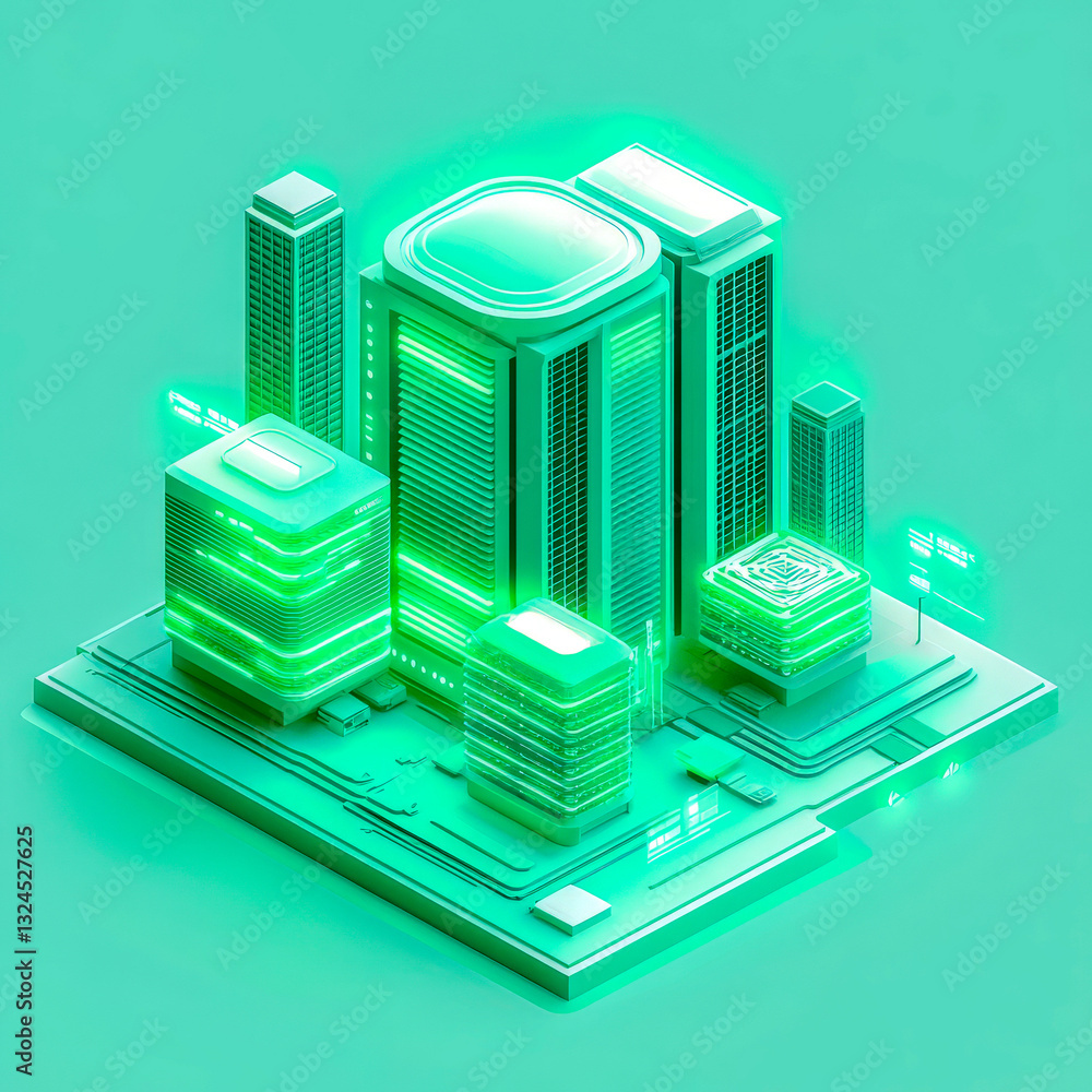 Poster futuristic isometric data center with glowing green buildings, symbolizing ai, cloud computing, and 