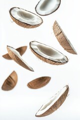 Falling identical avocado slices floating in the air isolated on white background