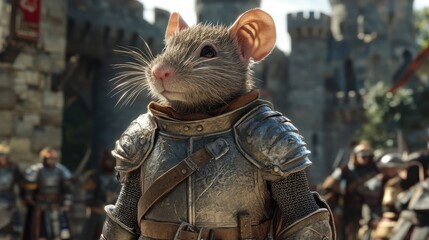 A rat in medieval knight armor standing in a grand castleâs courtyard, merging fantasy elements with historical grandeur.