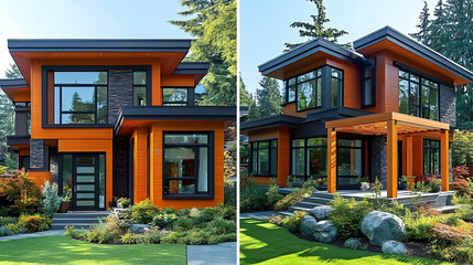 Modern two-story homes with vibrant orange facade