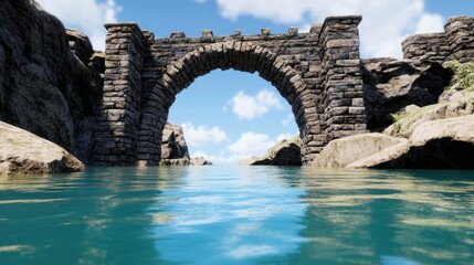 Fototapeta premium stone arch bridge spans clear waters, reflecting a brilliant blue sky with scattered clouds. Rocky shores frame this serene location, creating a peaceful atmosphere for exploration