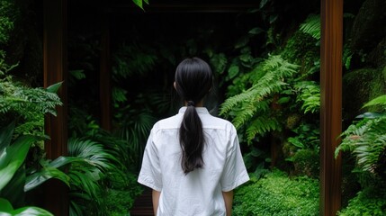 person dressed in a white shirt stands quietly in a serene garden filled with dense green plants and ferns. atmosphere exudes calmness as nature envelops the surroundings