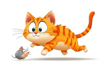 Cartoon cat chasing mouse on white; playful illustration