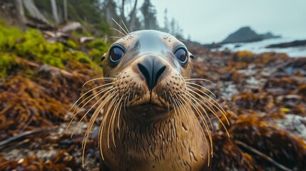 Fototapeta premium A curious sea lion looking directly at the camera in the wild. 