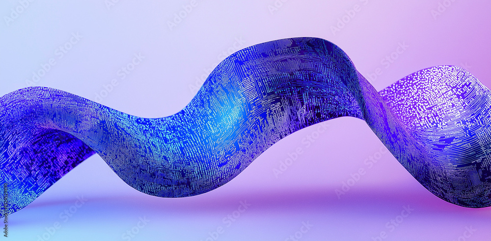 Poster blue ribbon with digital patterns – ai & blockchain in banking and nature, flowing data effect, bina