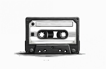 Obraz premium Illustration of retro audio cassette tape. Vintage music recording, playback device. Analog sound carrier. Old fashioned portable stereo equipment for entertainment, musical projects. Nostalgic