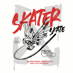 Skater with skateboard. skate t shirt design.  graffiti text print design. hand writing font. text with skating. calligraphy skate prints.  wing skate urban skate artwork. hand drawn font. © sumonsharif