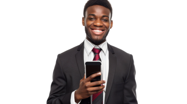 Young businessman showing smartphone with transparent background