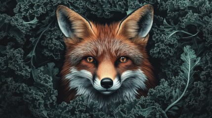 Obraz premium Creative portrait of fox head surrounded with curly kale decoration