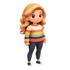 Charming Cartoon Girl: A Sweet and Stylish Character Portrait in Modern Graphic Design, Perfect for Animation and Illustration with Stripes, Sweater, Leggings & Sneakers