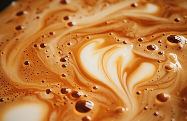Latte Art Delight: A close-up shot reveals the intricate patterns of a freshly made latte, with the creamy milk swirling into a heart shape against the rich brown of the espresso.