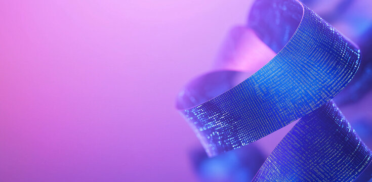 Blue Ribbon with Digital Patterns &ndash; AI & Blockchain in Banking and Nature, Flowing Data Effect, Binary Code Leaves, Abstract Tech-Environment Harmony on a Purple Background