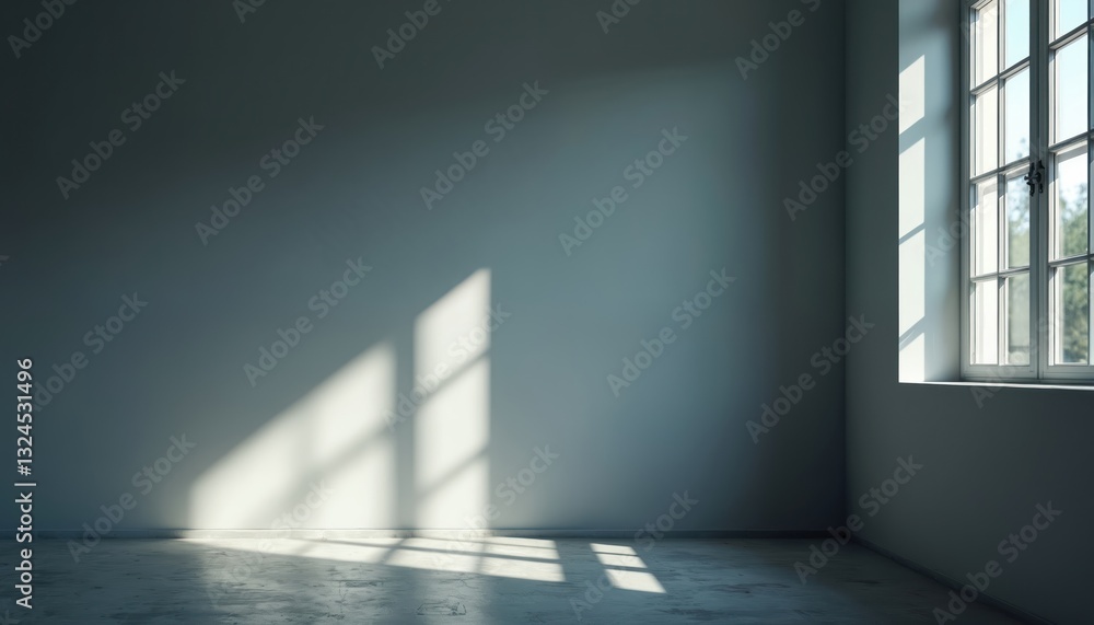Poster room interior with sunlight through window casting shadow on gray wall. empty space in minimal style