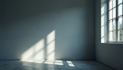 Obraz premium Room interior with sunlight through window casting shadow on gray wall. Empty space in minimal style with daylight. Modern room design with copy space for text. Architecture and home decor concept.