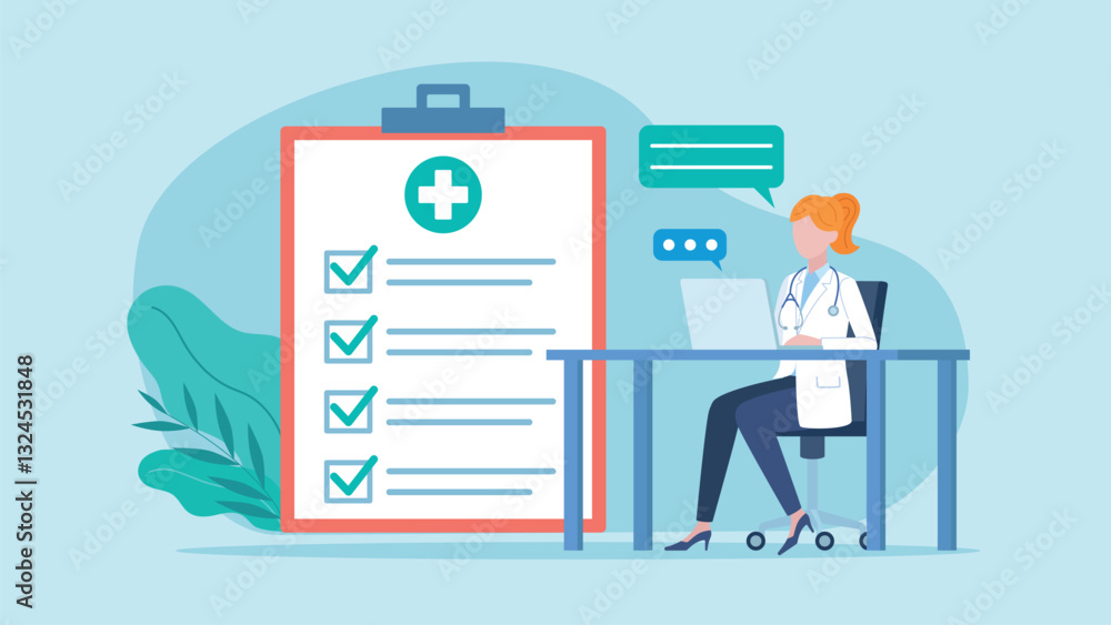 Poster a female doctor working at a computer and having an online conversation with a patient. next to the 