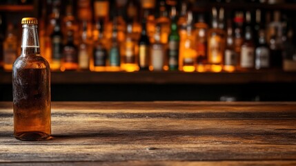 cold bottle of beer sits on a wooden table against the backdrop of a dimly lit bar. warm glow of multiple liquor bottles creates an inviting atmosphere, perfect for socializing