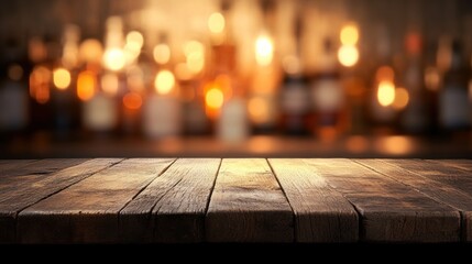 weathered wooden bar surface showcases a warm, inviting atmosphere with blurred bottles in the background illuminated by soft lighting, enhancing a relaxed setting for socializing