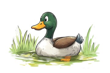 Cartoon mallard swimming pond, reeds background, children's book illustration