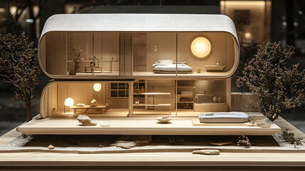 Obraz premium Modern wooden house model, interior rooms