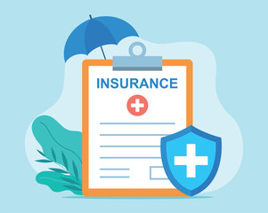 Medical insurance contract graphic. A protective umbrella is above the document, and a shield icon appears in front of it. Vector illustration in flat style.