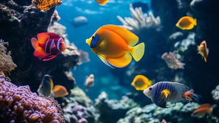 Obraz premium A school of colorful tropical fish swimming through a coral reef. -