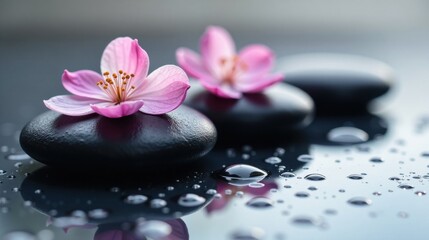 Serene Spa Scene Pink Blossoms Resting on Smooth, Dark Stones, Reflected in Water Droplets on a Polished Surface