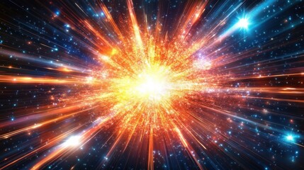 A dynamic explosion of energy at the core with colorful rays of light shooting outward creating movement