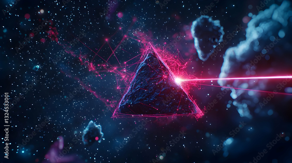 Poster abstract digital artwork featuring a textured dark triangle at the center surrounded by cosmic eleme