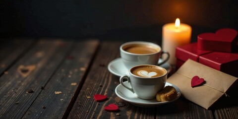 Romantic Evening Two Cups of Cappuccino, Sweet Treats, and a Love Letter Beside a Burning Candle on Rustic Wooden Table