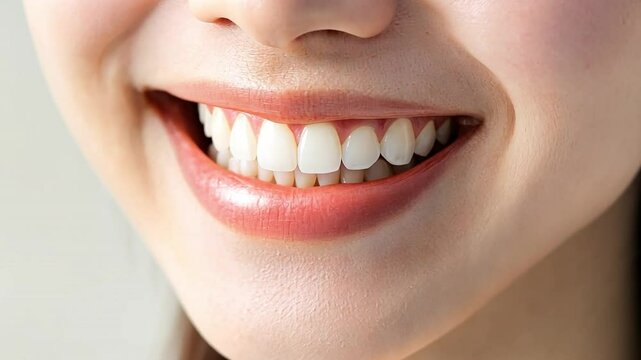 Radiant Smile: A close-up of a woman's beautiful smile, highlighting her healthy, perfect teeth and a cheerful expression.