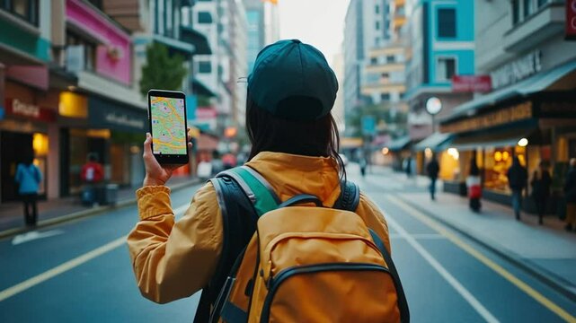 Traveler use map on mobile phone app to search for route location of place with gps on street when travel in city,Technology in lifestyle