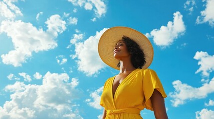 A woman in stylish yellow wrap dress and wide brimmed sun hat stands against bright blue sky with fluffy clouds, embodying relaxed coastal fashion vibe