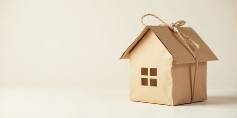 A charming miniature house crafted from recycled paper, elegantly tied with twine, symbolizes a new home or a special gift.
