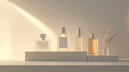 product display of modern perfume bottles, arranged in a minimalist layout with soft lighting emphasizing their clean design.