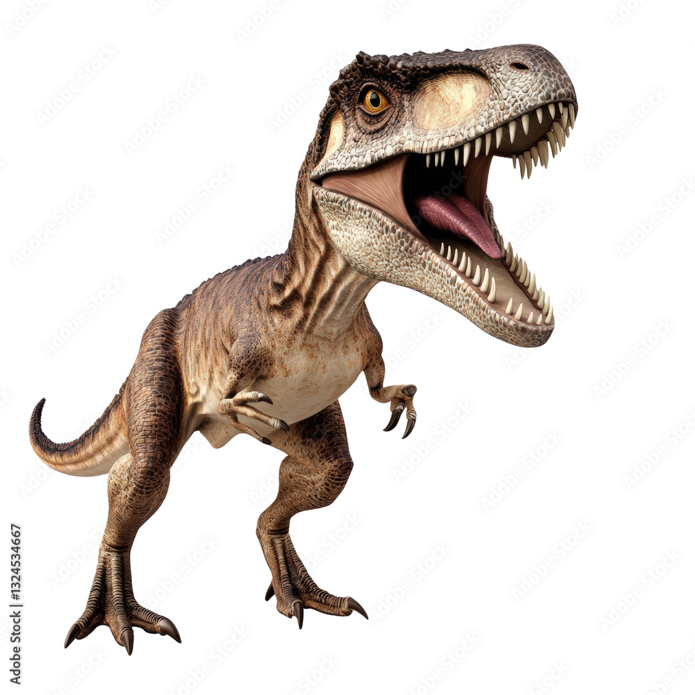 Poster impressive dinosaur model with its mouth open displaying teeth and expressing a fierce presence in a