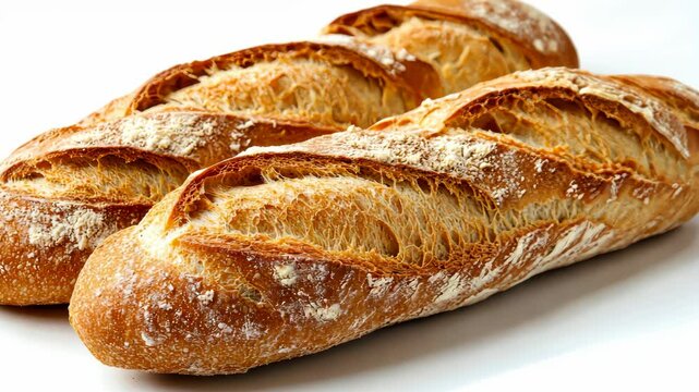Freshly baked golden baguettes cooling on white surface with crispy crust