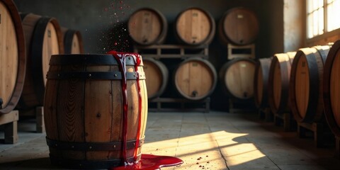 Wooden Barrel Overflowing with Crimson Liquid in a Rustic Cellar