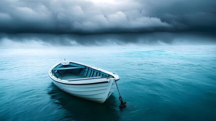 Naklejka premium A stormy ocean with a calm depth, where an anchor secures a boat amidst the Concept for: Resilience, Stability in chaos, Inner strength, Overcoming adversity, Perseverance, Finding peace in struggles