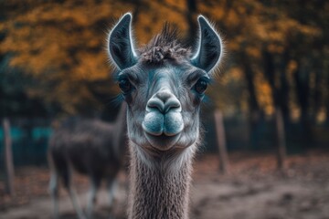 Obraz premium Curious Llama Stares Intently in Autumn Field with Companion Out of Focus