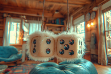 A pair of fluffy dice hanging from a car rearview mirror, retro and playful, automotive theme