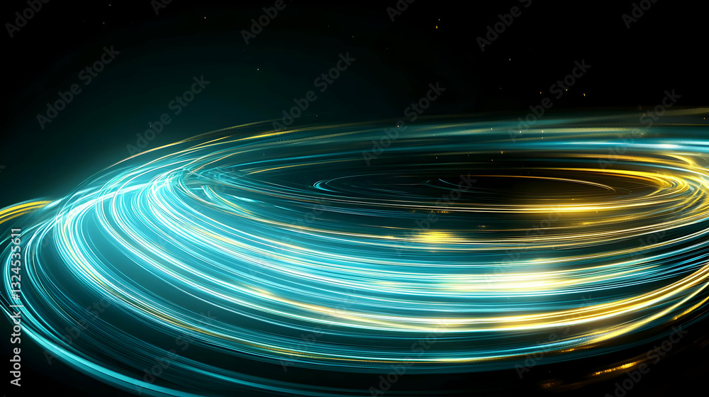 Poster dynamic swirling light trails in blue and gold against a dark background creating a futuristic abstr
