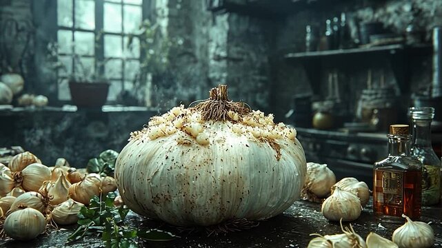 Rustic kitchen scene featuring a large pumpkin surrounded by garlic