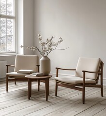 Chairs and table set in a bright room for interior design advertisements and showcasing furniture styles