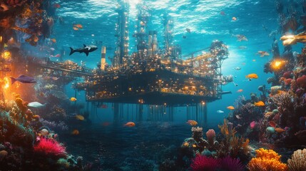 Underwater oil rig amidst vibrant coral reef and diverse fish.