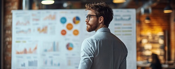 a man standing in front of a presentation board in an office.
